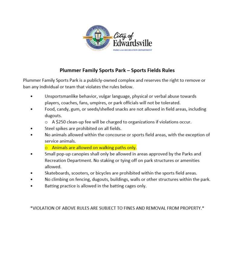 Plummer Family Park Sports Fields rules