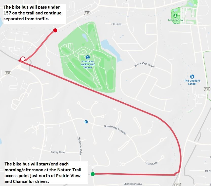 Map with colorful line and dots showing the Bike Bus route to Woodland Elementary School