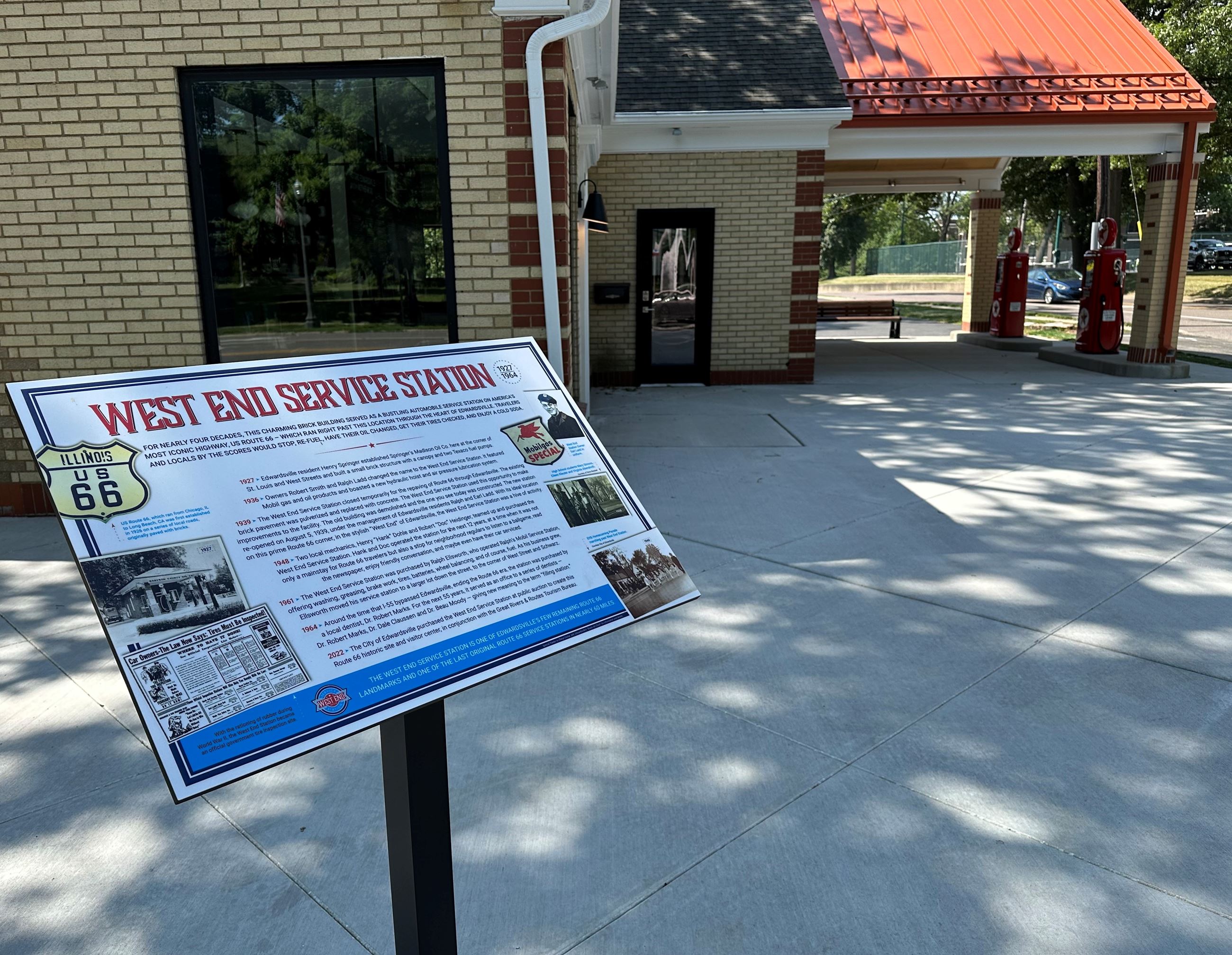 Route 66 informational panel that sits outside the West End Service Station