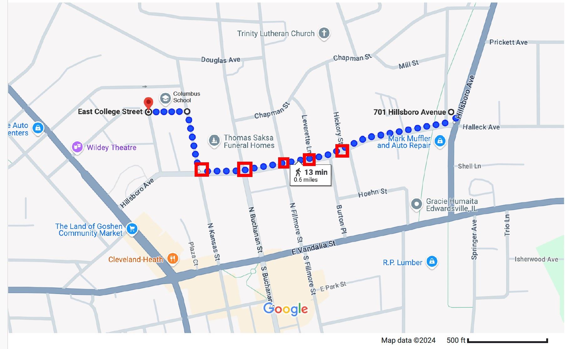 Google map of the route for the Columbus Elementary School Walk Bus