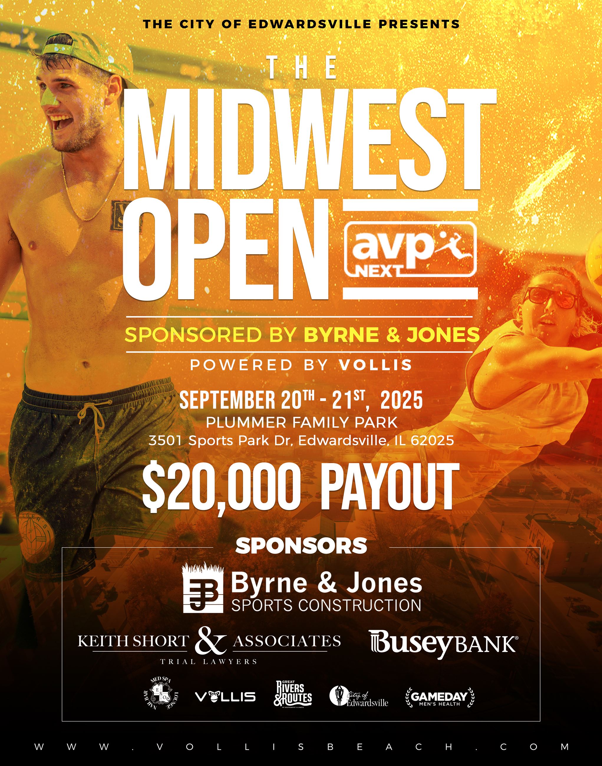 Images of volleyball players in the sand with sponsor logos and event information