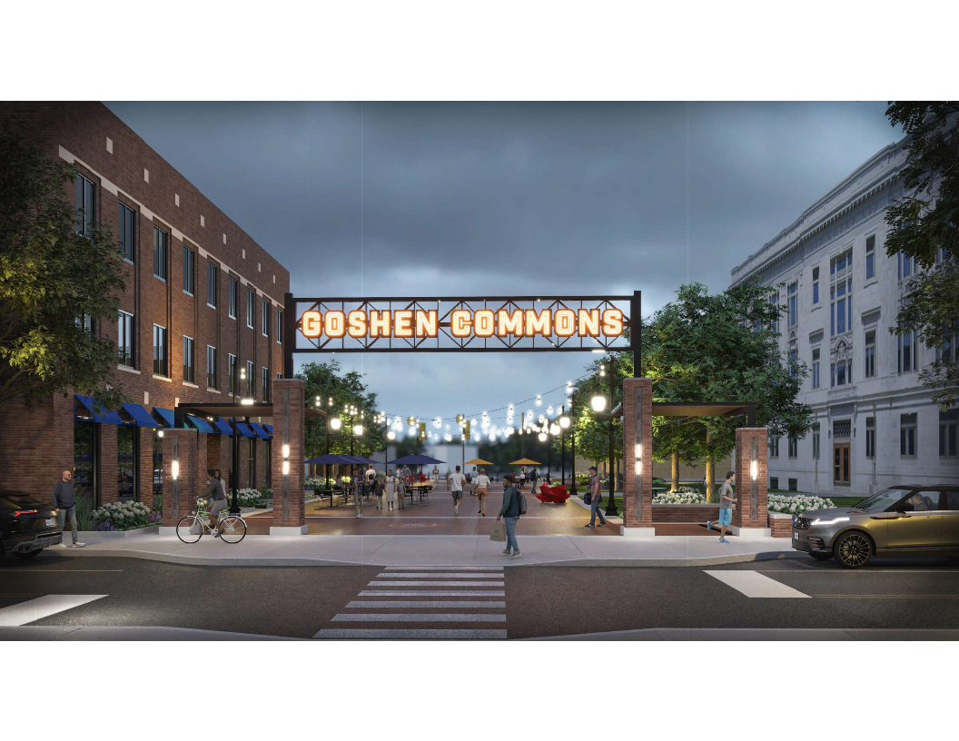 A drawing of a downtown park at night with a lighted overhead entrance reading Goshen Commons