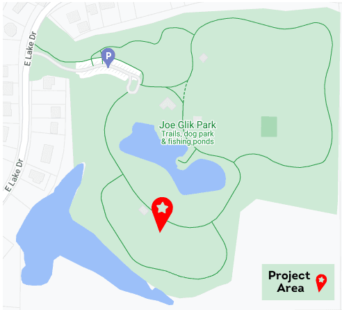 Map showing the prairie project area in the southeast corner of Joe Glik Park