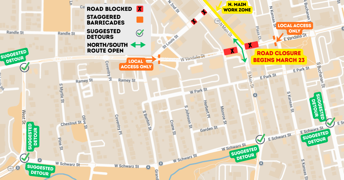Graphic map showing downtown Edwardsville, with road closures and detours marked